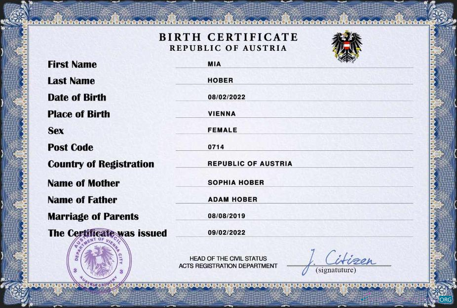 Download Austria vital record birth certificate PSD template, Photoshop template
